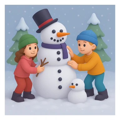 Show two different kids (different hair and clothing colors) building a snowman in a snowy background, keep the 3D emoji style sticker