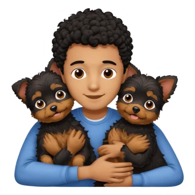Young man with little brown skin, black curly hair, cheerful dark brown eyes, hugging two yorkie adult sticker
