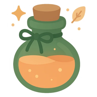 "A cute potion bottle with a whimsical and cozy design, featuring soft and warm colors: golden orange (FA9B41), deep forest green (4A7C5C), muted taupe brown (96775A), and pastel peach (FFCC9A). The bottle is small, round, and slightly vintage in style, with a cork stopper and a delicate ribbon tied around its neck. The potion inside glows faintly with a peachy-orange hue. Surroundings include soft lighting and a magical atmosphere, possibly with sparkles or tiny floating leaves, emphasizing a warm and enchanting mood. The style is charming, storybook-like, and detailed sticker