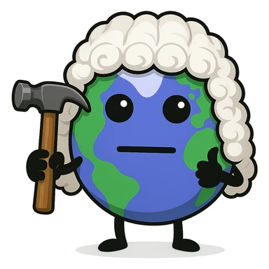 Enhance the hammer to be more detailed and realistic while maintaining the overall cartoonish style. Add a classic white judge's wig onto the character's head. Keep the background transparent. sticker