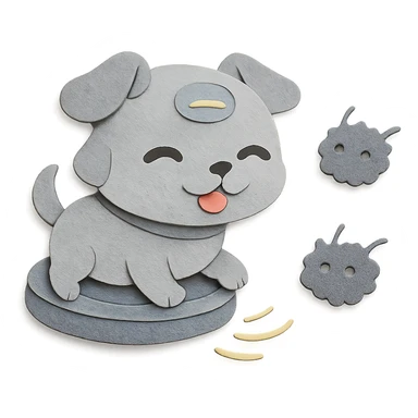 chibi vacuum robot-puppy hybrid spinning and chasing dust bunnies, soft grey pastel, full-body sticker