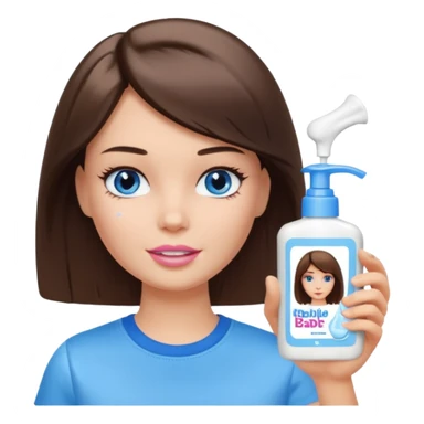 Barbie girl with makeup, blue eyes , and bob long haircut, short brown hair in white T-shirt, face Wash Cream sticker