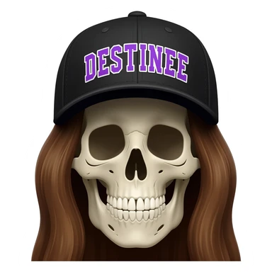 Create a skeleton head wearing a black baseball cap that says " DESTINEE " in lavender, and white lettering, with long brown hair sticker