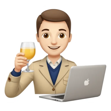A friendly freelance character (male or neutral) working on a laptop while holding a glass of pastis/ricard (yellow drink with ice and lemon). The character should have a simple smiling face (no glasses), and should look energetic and creative. sticker
