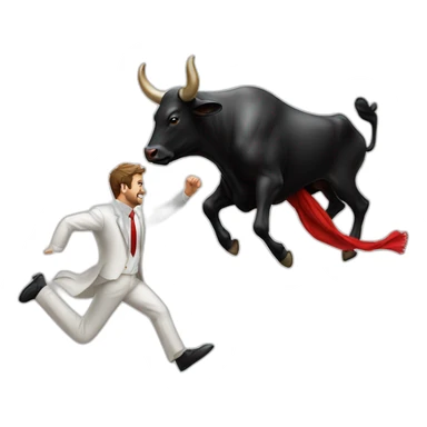 black bull chasing man in white suit whith a red scarf sticker