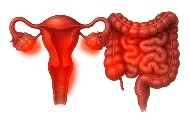 utero umano anatomico iperrealistico e intestino umano anatomico iperrealistico hanno in comune il dolore e l'infiammazione, rendi bene il collegamento tra i due organi doloranti sticker