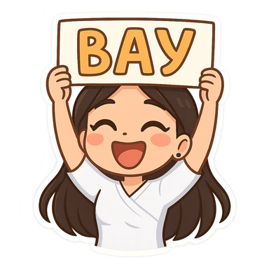 3D chibi bitmoji style sticker of the girl from the reference image, with long dark hair and wearing a white medical top, holding a sign above her head that says 'ВАУ', with a very happy and surprised face, with a white outline and transparent background. sticker