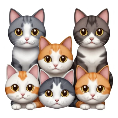 4 different coloured short haired cats including; a dark brown and white cat, and a dark grey and white, and a calico sticker