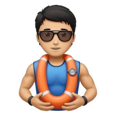 Dark Tan Muscular lifeguard with messy black hair with sunglasses, with life preserver sticker