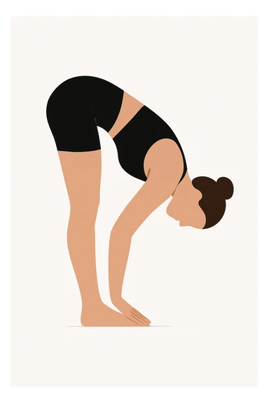 Minimalist flat vector illustration of a woman doing yoga in forward fold pose (Vrischikasana), wearing sportswear (black top and black shorts), brown hair in a bun, clean white background, no face details, elegant style sticker