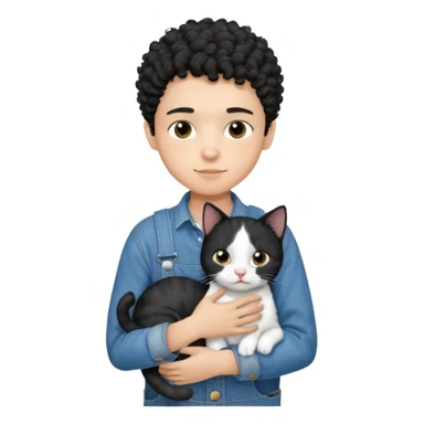 Apple emoji of a 13 year old boy with short black curly hair and dark brown eyes of light skin with denim shirt and overalls hugging a black and white cat sticker