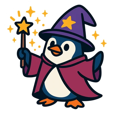 vibrant toon style penguin wizard with sparkles and magical effects sticker