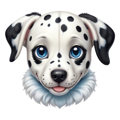 Cinematic Cute Harlequin Dalmatian Portrait Emoji, Head tilted playfully and inquisitively, featuring a glossy Fur of predominantly white with dynamic black patches, round, sparkling blue eyes filled with gentle curiosity, Simplified yet irresistibly adorable features, highly detailed, glowing with a warm, friendly glow, high shine, affectionate and gentle, stylized with a touch of whimsy, bright and endearing, soft glowing outline, capturing the essence of a mischievous yet loving pup, so playful it feels like it could lumber out of the screen and into your arms! sticker
