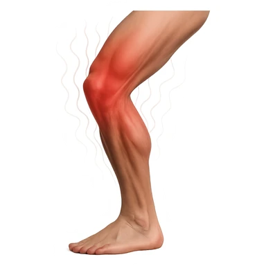 realistic human leg with overload showing visual heat effect with red waves, tense muscles, isolated on white background sticker