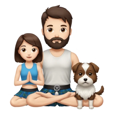 emoji of brunette man with beard wearing kilt, brunette woman in yoga outfit and one white fluffy dog sticker