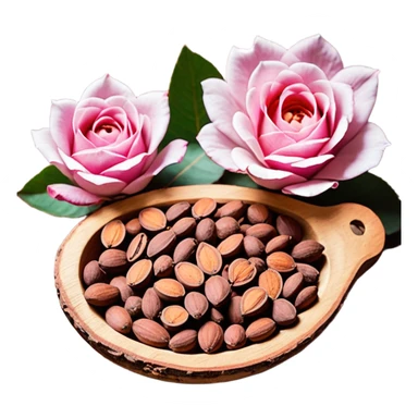 Una miniatura fotorrealista de un trozo de manteca de cacao pura y una pequeña rosa seca sobre una superficie de madera rústica y cálida. La luz debe resaltar la textura de la manteca. Colores: tonos tierra, marrón, terracota y rosa suave. Estilo: plano y orgánico sticker