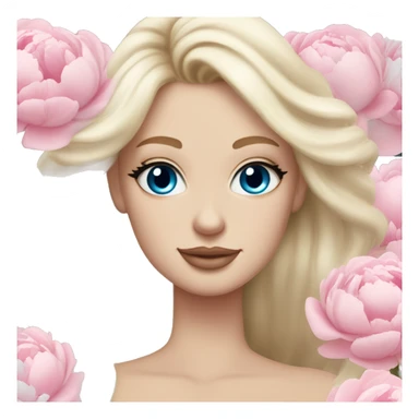 White bride with long light blonde hair and blue eyes with light pink peonies in hair white skin light pink lips sticker
