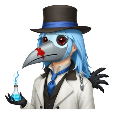 Plague Doctor with light-blue beautiful hair, handsome sexy, long hair tendril bangs down on the sides, white lab coat, blue cravat, black feathers on shoulder, raven companion, black gloves, red eyes sticker