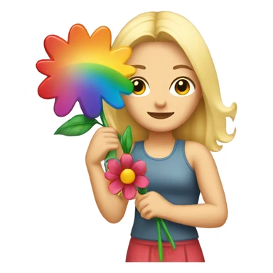 Blonde woman holding flower in front of a rainbow  sticker