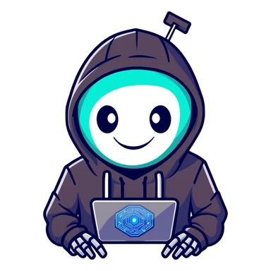 Menacing robot hacker in dark hoodie with glowing screens, digital circuits, malicious smile sticker