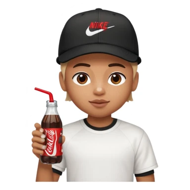 generate a pretty bratz boy with a nike black baseball cap, a white tshirt and drinking coke  sticker
