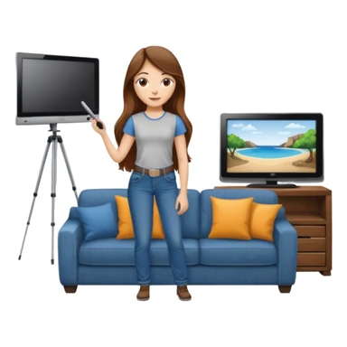 beautiful girl with long brown hair constructing new lounge room area with flat screen tv and couch sticker