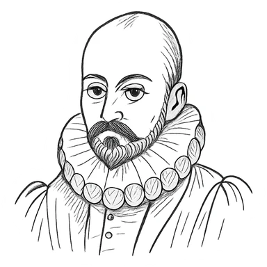 a hand drawn black outline portrait of philosopher Montaigne with similar-sized eyes based a famous portrait of him sticker