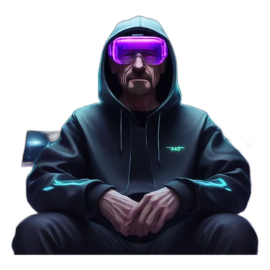 Walter White wearing a black hoodie with "OMG" letters on it and VR headset in a cyberpunk VR environment with violet neon lighting. sticker