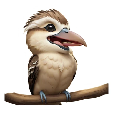 Cinematic Cute Yawning Kookaburra Portrait Emoji, Head tilted slightly with a dramatic, wide-open yawn, showcasing a soft, downy brown plumage with gently drooping wings and a relaxed beak, round eyes barely open in drowsy contentment, Simplified yet irresistibly adorable features, highly detailed, glowing with a soft, cozy glow, high shine, relaxed yet expressive, stylized with a touch of bushland charm, bright and endearing, soft glowing outline, capturing the essence of a sleepy yet affectionate kookaburra, so drowsy it feels like it could flutter out of the screen and curl up for a nap! sticker