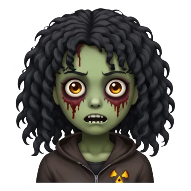 spooky zombie girl emoji, black curly medium-long hair, emo, shaggy, dark, creepy expression sticker