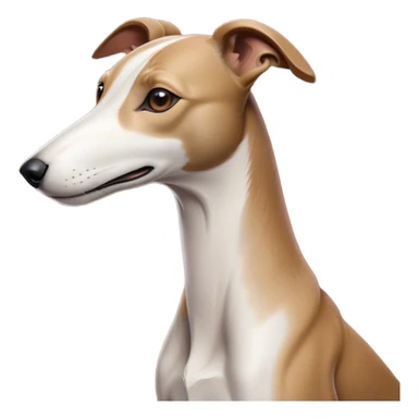 Cinematic Noble White and Brown Greyhound Portrait Emoji, Poised and regal, with a slender, aerodynamic build and a sleek Fur of pristine white accented by warm brown markings, deep-set soulful eyes, Simplified yet sharp and sophisticated features, highly detailed, glowing with a soft, dignified glow, high shine, intelligent and agile, stylized with an air of elegance, focused and attentive, soft glowing outline, capturing the essence of a watchful and swift companion, so majestic it feels as though it could dash out of the screen with effortless authority! sticker