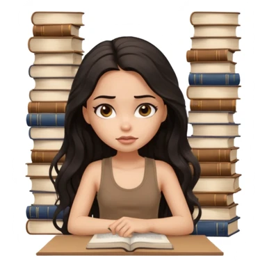 a pretty bratz light dusky girl with long wavy black hair in a brown tank top studying and lookinh tired with stacks of books and papers sticker