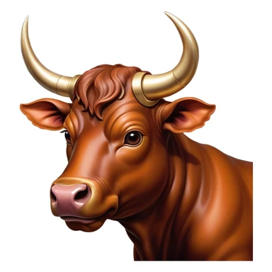 Cinematic Cute Domestic Bull Portrait Emoji, Head tilted playfully and inquisitively, with a sturdy, compact build and a smooth, polished coat of rich copper and brown hues accentuated by gently curved horns, round, sparkling eyes full of curious determination, Simplified yet irresistibly adorable features, highly detailed, glowing with a warm, friendly glow, high shine, affectionate and spirited, stylized with a touch of rustic charm, soft glowing outline, capturing the essence of a mischievous yet loving domestic bull that feels like it could trot out of the screen and into your arms! sticker