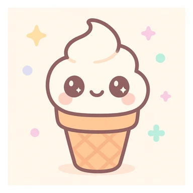 vanilla ice cream cone Marvi style, kawaii style, textured cone, creamy ice cream, anime eyes, light background sticker