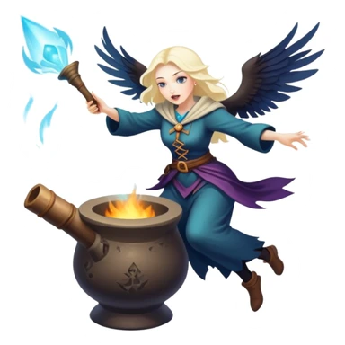 Baba Yaga sorceress woman flying in a mortar, magical aura sticker