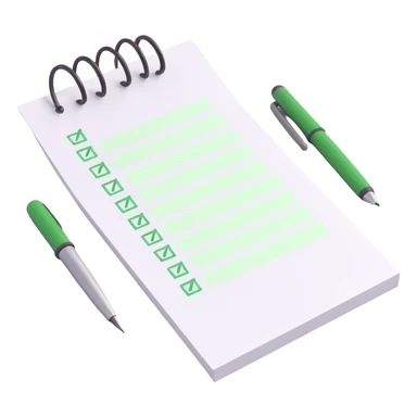 3D style to-do list, every item has a green check mark, pen placed next to the list, bright lighting, minimal background sticker
