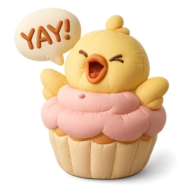 chick in cupcake costume shouting “Yay!”, cushion style sticker