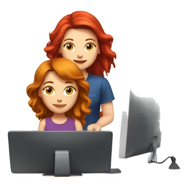 A red-haired girl and a brunette are sitting at the computer sticker