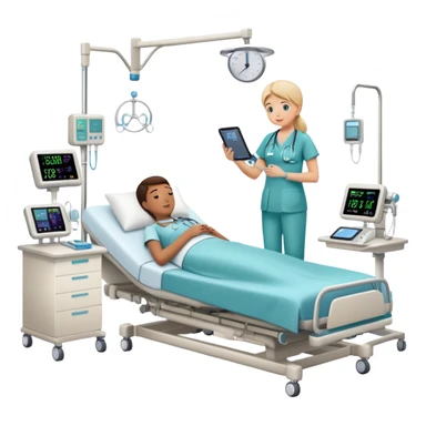 Hospital sleep laboratory room with patient in hospital bed connected to sleep monitoring equipment, nurse checking vitals, medical charts, and hospital IV stand sticker