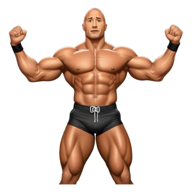 Dwayne 'The Rock' Johnson on stage at the Mr. Universe bodybuilding competition, covered in oil, flexing his powerful muscles. His physique shines under bright stage lights, showcasing his strength and dedication. The audience and judges are blurred in the background. Transparent background. sticker