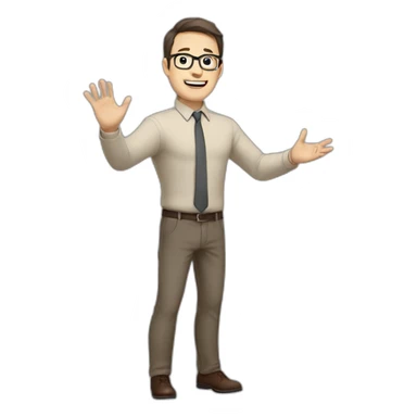To belt Actively gesturing with hands Pale skinned fit man teacher with dark brown hair in gray jacket, beige office shirt, brown tie, brown pants and vintage glasses. sticker