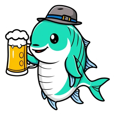 fish holding a beer and wearing a hat sticker