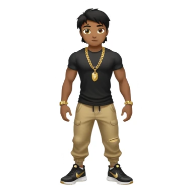 full body view of muscular teen boy with veiny hands arms and biceps. has messy black hair with dark-tan skintone with black tshirt. has gold chain and nike shoes with baggy pants sticker