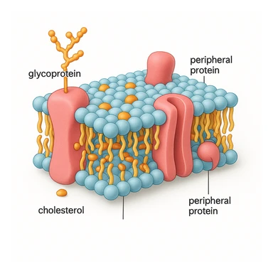 A highly detailed, scientifically accurate cross-section of a biological cell membrane (lipid bilayer) on a white background, ultra-realistic 3D illustration. Show the phospholipid bilayer with hydrophilic heads (round, polar) facing outward and hydrophobic tails (chains) inside. Include embedded proteins (integral and peripheral), cholesterol molecules (small, rigid), glycoproteins with sugar chains, and ion channels. The style should be clean, lab-textbook style, with subtle shadows and depth. Use a color scheme: light blue for hydrophilic heads, yellow for hydrophobic tails, red/pink for proteins, and orange for cholesterol. Microscope-like precision, no artistic stylization. Educational diagram of the Fluid Mosaic Model, cross-sectional view with labels for 'glycoprotein', 'cholesterol', and 'peripheral protein', vector graphic style. sticker