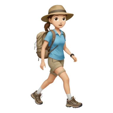 Create an emoji of a woman, hiking in shorts, trekking sneakers with a backpack and a wide broom hat and a brown ponytail sticker