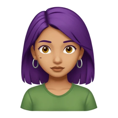 Give me an emoji : a tan skinned indian girl, medium deep purple hair with a green shirt sticker