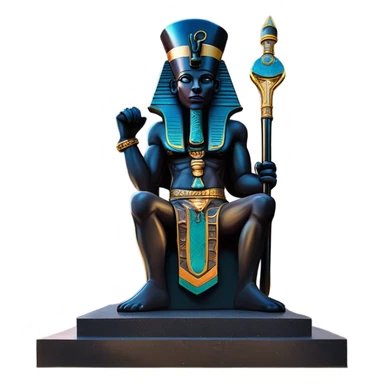 Osiris crook and flail obsidian statue on granite 30 ton brick, massive size, sunlight behind, sunset colors, reflections on black stone polished clean perfect, photography angles sticker
