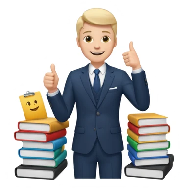 man in a suit, standing on paperwork, giving a thumbs up emoji sticker