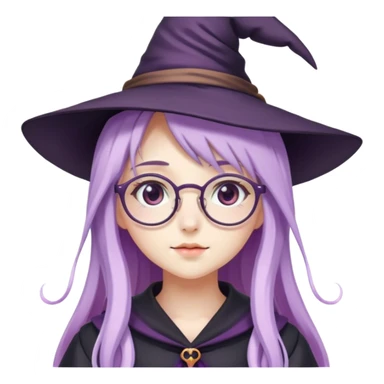 cute anime girl with long lilac hair wearing a witch hat and glasses sticker