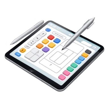 "Create an emoji for UX/UI design. Show a wireframe or user interface design with buttons, icons, and text fields. Include design tools like a cursor or stylus. Use modern, professional colors. Do not include any emojis or smiley faces. Make the background transparent. sticker